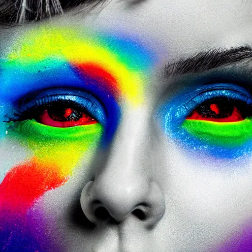 Image similar to woman crying rainbow paint, photography, ultra realistic, highly detailed, symmetrical, 8 k