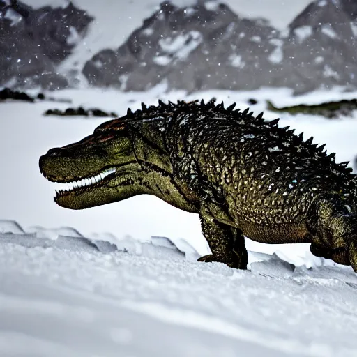 Image similar to photo of an aligator on snowy mountain peak, snow, 50mm, beautiful photo