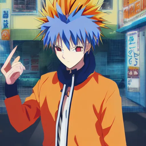 Image similar to orange - haired anime boy, 1 7 - year - old anime boy with wild spiky hair, wearing blue jacket, holding magical technological card, magic card, in front of ramen shop, strong lighting, strong shadows, vivid hues, raytracing, sharp details, subsurface scattering, intricate details, hd anime, 2 0 1 9 anime