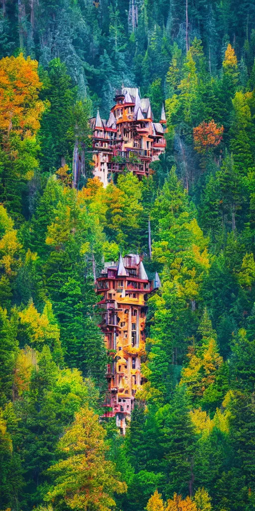 Prompt: A fantasy Palace towering high above the trees in a deep valley surrounded by mountains, vibrant colors, 4k