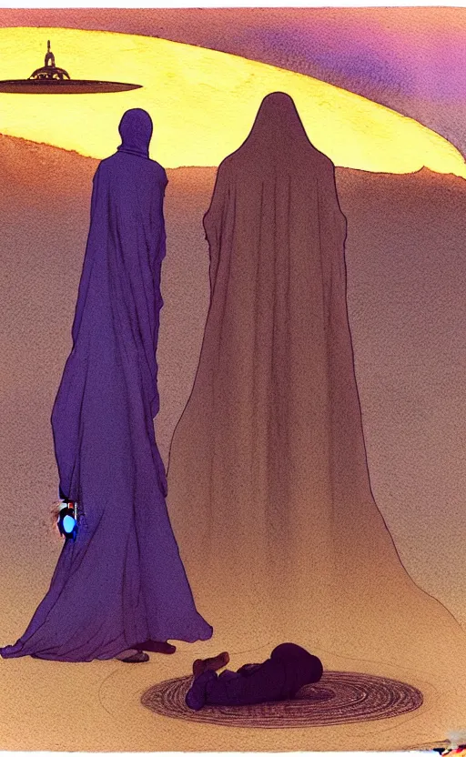 Prompt: a hyperrealist watercolour character concept art portrait of two middle eastern men kneeling down in prayer in front of a 1 2 ft. thin alien on a misty night in the desert. a ufo is in the background. by rebecca guay, michael kaluta, charles vess and jean moebius giraud