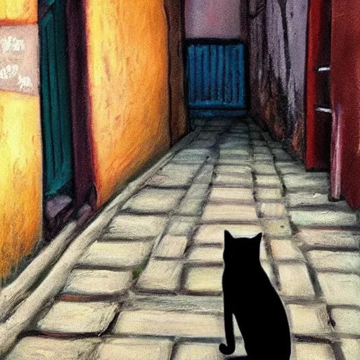 Prompt: A lonely black cat in the middle of an alleyway 🎨🖌️