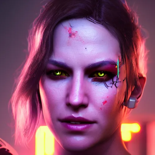 Prompt: rachel wise portrait, Cyberpunk 2077, cyberpsycho, photorealistic, ultra detailed, neon, octane, bokeh, cyber, cyberpunk city, feature, scars, cyberface, 8k