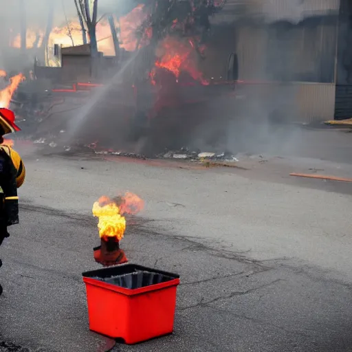 Image similar to a clown wearing firefighter clothes, using a flamethrower on a dumpster fire