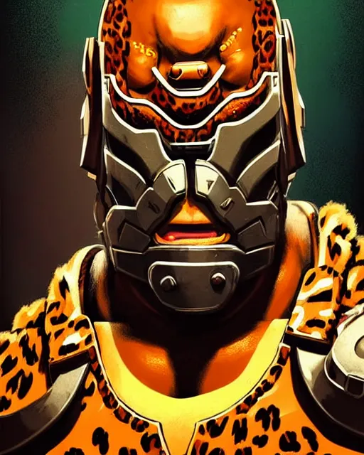 Image similar to doomfist from overwatch, aggressive expression, elegant, leopard print, character portrait, portrait, close up, concept art, intricate details, highly detailed, vintage sci - fi poster, retro future, in the style of chris foss, rodger dean, moebius, michael whelan, and gustave dore