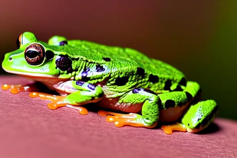 Image similar to the very tip of a frog's tongue is touching a fly