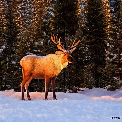 Prompt: snowflake in front of pinetree forrest behind moose, realistic, golden hour, hdr lights