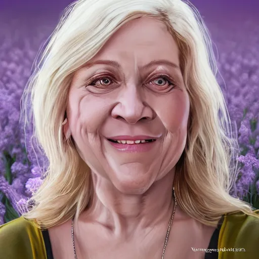 Image similar to 6 0 year old mildly overweight american blonde woman, welcoming grin, wearing black, both arms completely filled with lavender hydrangeas, small white dog at her side, portrait, headshot, in the style of alexis franklin, thomas river, ross tran, wlop, artgerm, detailed, high quality