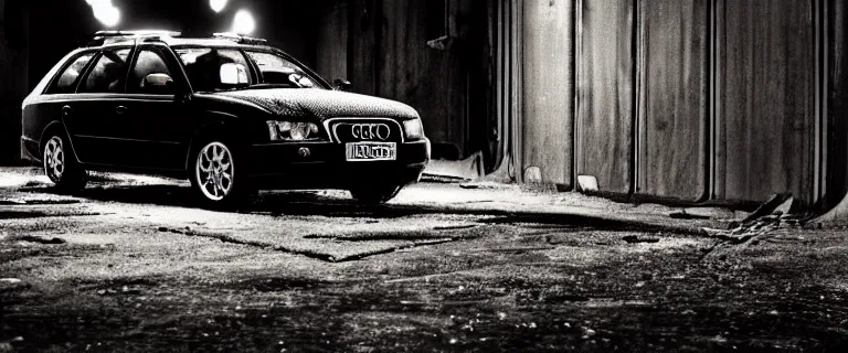 Image similar to Audi A4 B6 Avant (2002), a gritty neo-noir, dramatic lighting, cinematic, eerie person, death, homicide, homicide in the snow, viscera splattered, gunshots, bullet holes, establishing shot, extremely high detail, photorealistic, raging fire at a warehouse, arson, cinematic lighting, artstation, by simon stalenhag, Max Payne (PC) (2001) winter New York at night, In the style of Max Payne 1 graphic novel, flashing lights, Poets of the Fall - Late Goodbye