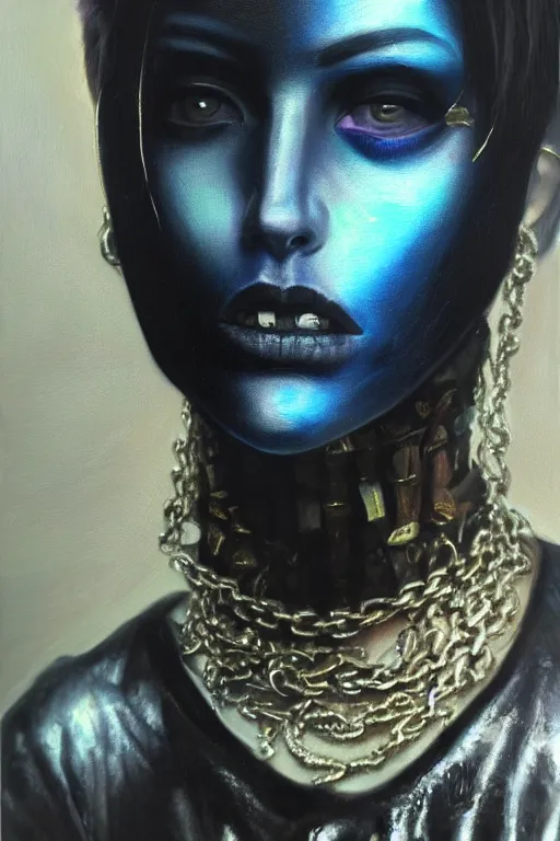 Image similar to hyperrealism oil painting, close - up portrait of punk gothic medieval brunette fashion model, knight, steel gradient mixed with nebula sky, in style of baroque