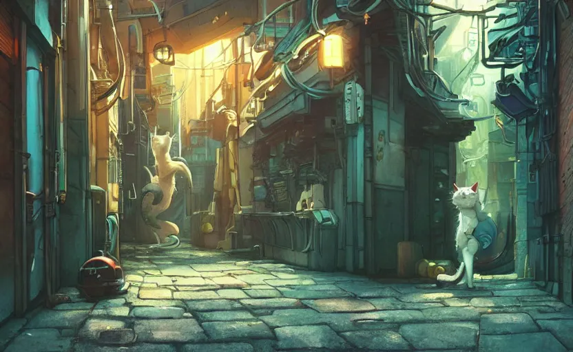 Image similar to low angle shot of a cat stretching in an alleyway in a space opera cyberpunk studio ghibli animated film, volumetric lighting, octane render by anime, stanley artgerm lau, greg rutkowski, thomas kindkade, alphonse mucha, loish, norman rockwel, highly detailed