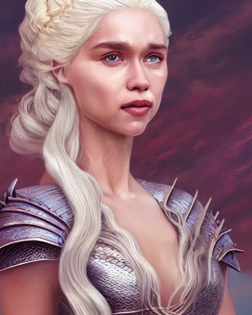 Prompt: closeup portrait happy beautiful daenerys targaryen with long blonde windblown hair and dragonskin armor, standing on a ledge of a mountain, pink lipstick, glamour pose, detailed illustration, digital art, trending on artstation, yoshitaka amano, daniel merriam, arney freytag