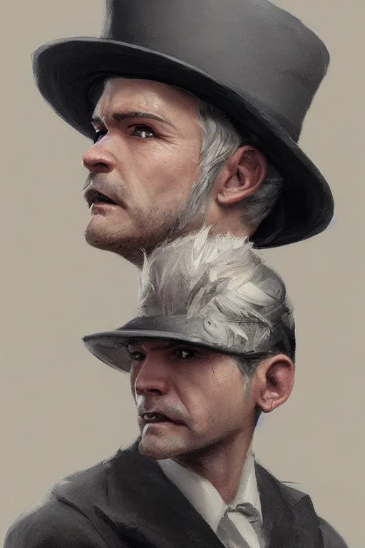 Image similar to a grey hair halfling with stubble top hat and suit by Greg Rutkowski, painting, portrait, high details, trending on artstation