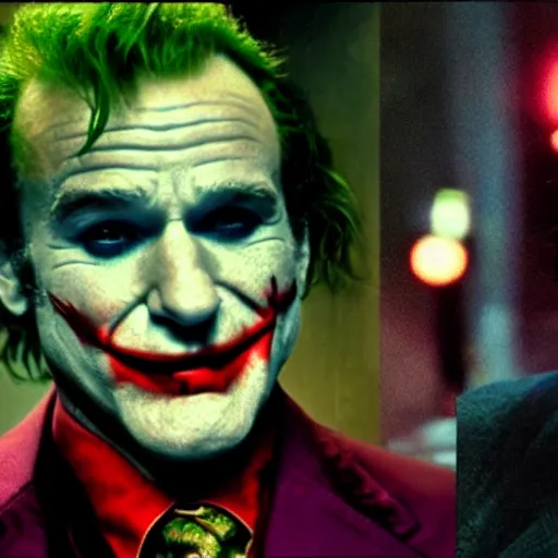 Image similar to awe inspiring Robin Williams playing The Joker 8k hdr movie still dynamic lighting