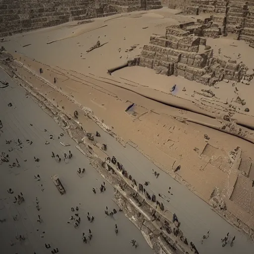 Image similar to an scene of an intricate hyper detailed sphynx in giza, cinematic lighting, bird's - eye view