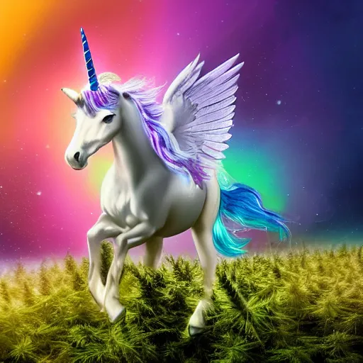 Prompt: a iridescent unicorn with wings eating in a field of marijuana, wildlife photography, 8 k, highly detailed