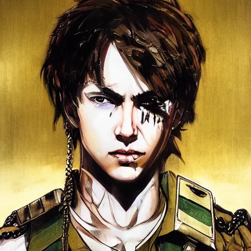 Image similar to full portrait of a young white hero using his right arm to hold his sword covering his eye by yoji shinkawa, high quality, extra details, realism, ornate, colored, golden chain, blood, white skin, short hair, brown eyes, vivid, sunlight, dynamic, american man, freedom, white american soldier, painting, cybernetics, military