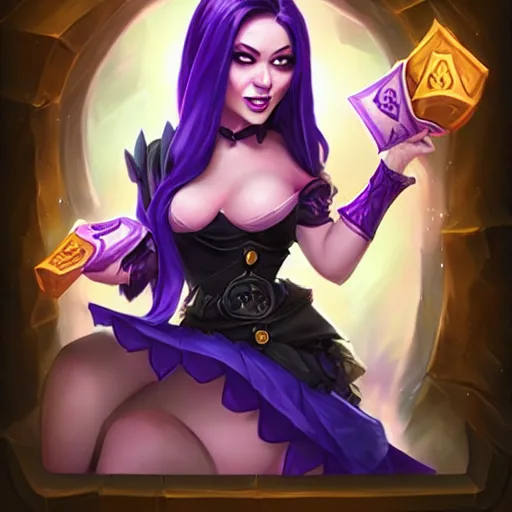 Prompt: a beautiful woman with long black hair, wearing a black corset top and a purple tutu, Hearthstone official splash art