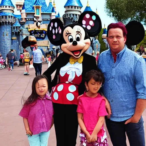 Prompt: photo of a very unhappy family at disneyland