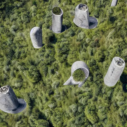 Prompt: a series of gigantic weird concrete human integrated in the mountains, surrounded by vegetation, perspective shot from the sky, realistic, by origiful, 4 k