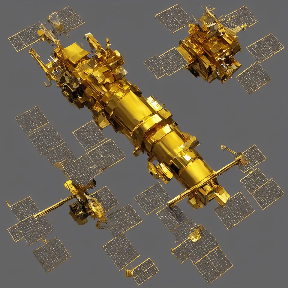 Prompt: gold plated space satellite with miniguns art, smooth, crisp sharp focus, simple draft aaa unreal artstation