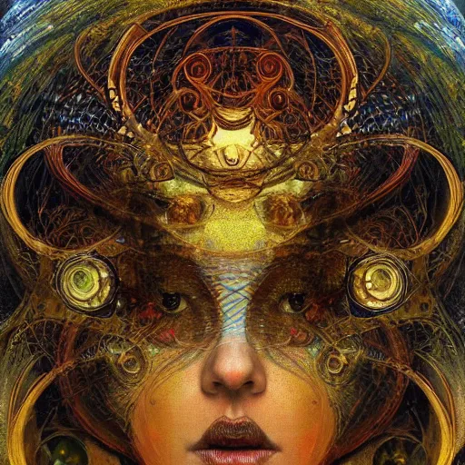 Image similar to Divine Chaos Engine by Karol Bak, Jean Deville, Gustav Klimt, and Vincent Van Gogh, celestial, visionary, sacred, fractal structures, ornate realistic gilded medieval icon, spirals, atmospheric