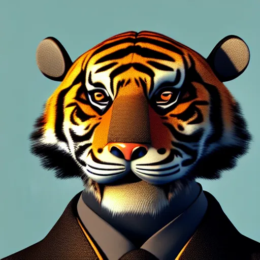 Image similar to portrait of an anthropomorphic tiger wearing a black suit, ultra detail, ultra realistic, soft fur, ssao 8 k