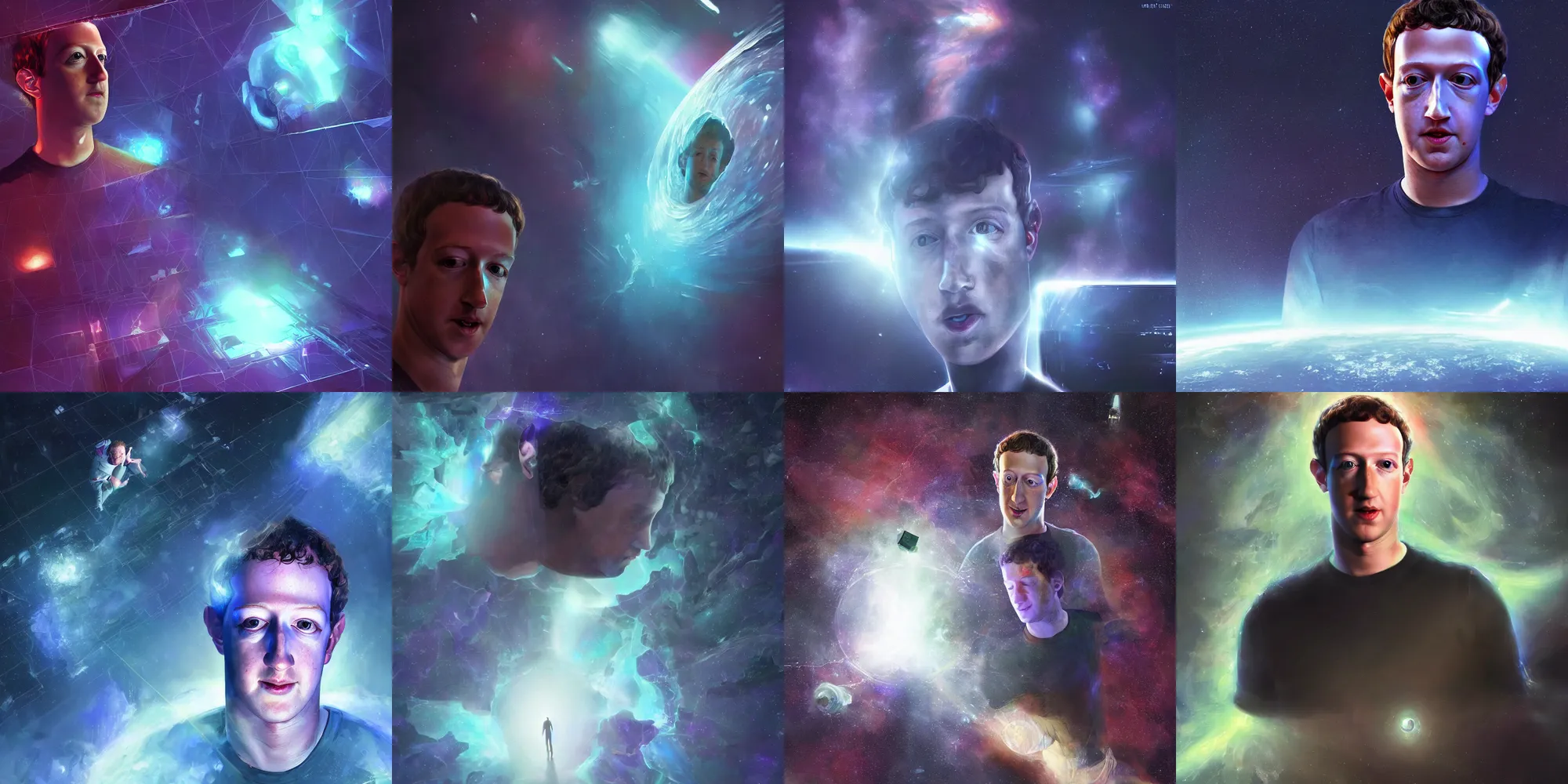 Prompt: mark zuckerberg trapped in a space prism, his soul broken in the coldness of the eternal space prism, hyperreal, grim, artstation