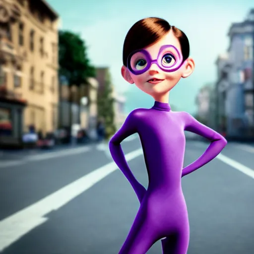 Prompt: violet from incredibles posing in the middle of a city street blurred background ballet poses professional photography