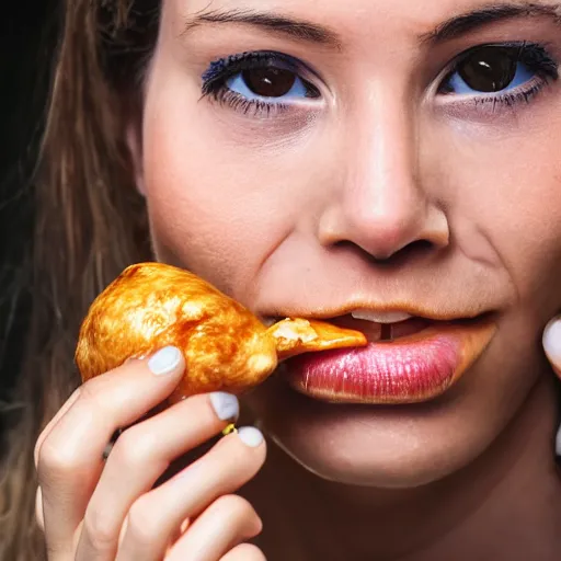 Image similar to A woman eating chicke, close up, realistic, ultra high detail, 8k.