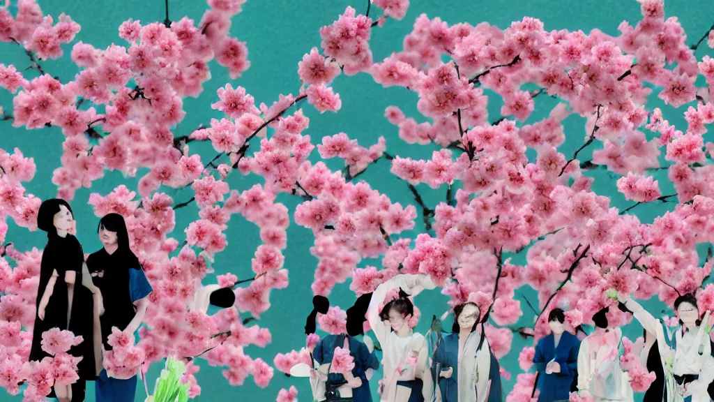 Image similar to a group of people flower viewing sakura, japan, a collage painting, in the style of wes anderson, lola dupre, david hockney, isolated on negative white space background dark monochrome neon fluorescent spraypaint accents volumetric octane render