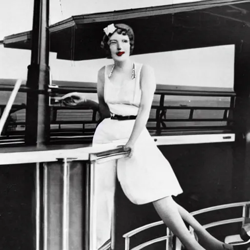 Prompt: an elegant lady smoking a cigarette on the deck of a 1930s cruise ship.