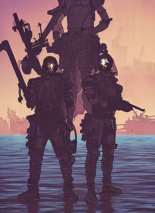 Prompt: cyberpunk arasaka mercenaries on skiff. oil rig in the background. portrait illustration, pop art, art by ashley wood, alphonse mucha, laurie greasley and josan gonzalez. cinematic. dynamic lighting. realistic proportions. creative design. cell shading