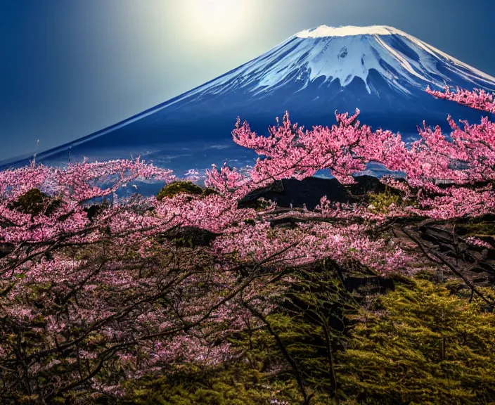 Prompt: 4 k hd, high detail photograph of mount fuji, spring, shot with sigma f / 4. 2, 2 5 0 mm sharp lens, wide shot, consistent, volumetric lighting, high level texture render