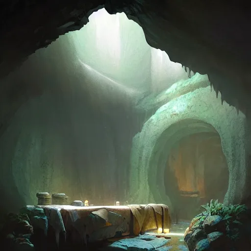 Image similar to cozy, empty bathhouse hidden in a cave, candlelight, towels, cushions, natural light, lush plants and flowers, elegant, smooth cave rock, fantasy, atmospheric lighting, digital painting, Greg Rutkowski concept art