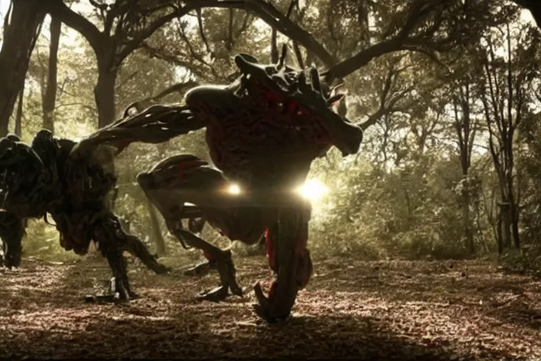 Image similar to VFX movie of cybernetic beast man lunging by Emmanuel Lubezki