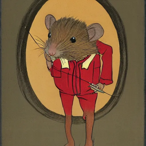 Prompt: a portrait of a human-rat hybrid with brown fur wearing a red kimono, cartoon