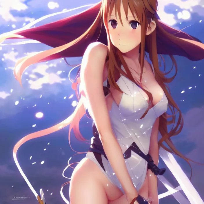 Image similar to very beautifu photo of asuna from sao, asuna by a - 1 pictures, by greg rutkowski, gil elvgren, enoch bolles, glossy skin, pearlescent, anime, maxim magazine, very coherent, mega detailed