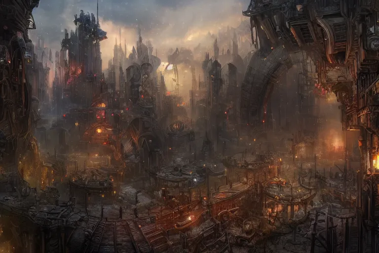 Image similar to Landscape imagery of a city mixed of technology and magic, wizards and machines, steampunk, dungeons and dragons, artificer, 8k, realistic,