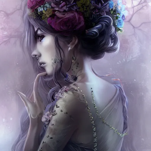 Image similar to Stunning Anime Goddess part skeleton of the floral river flowers, Kissing her king in a dark romance, misty, by cgsociety, in the style of Charlie Bowater, Tom Bagshaw, intricate, beautiful, artstation 8k, high resolution