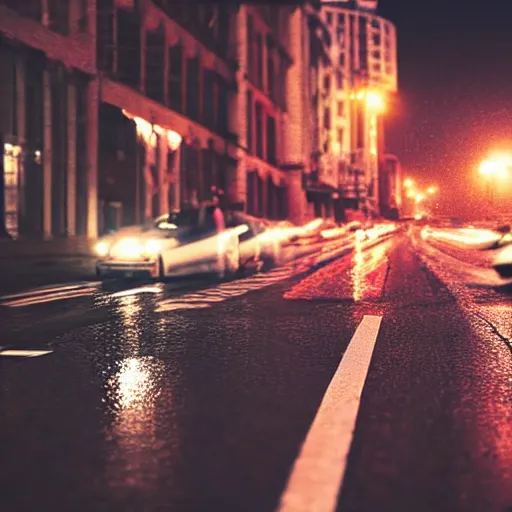 Image similar to a city street at night, raining, photograph, cars on the road, monster attack