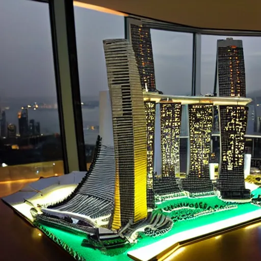 Prompt: a lego model of Marina Bay Sands, highly detailed, museum lighting