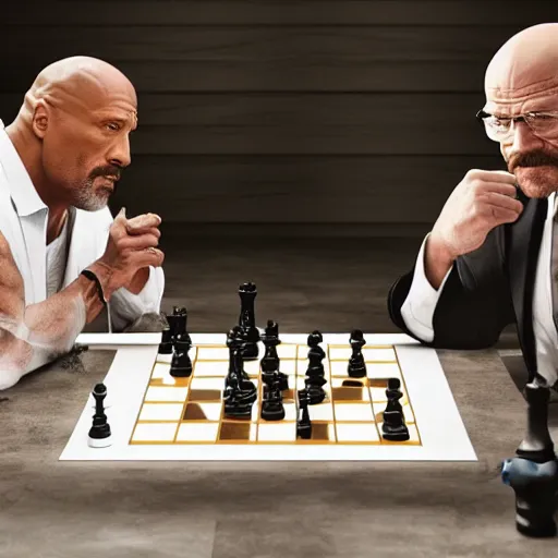 Image similar to photo of walter white and dwayne johnson playng chess, detailed 4 k