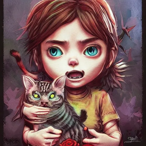 Prompt: Ellie (The Last of Us) holding an angry cat in a blend of manga-style art, augmented with vibrant composition and color, all filtered through a cybernetic lens, lowbrow painting by Mark Ryden and Artgerm