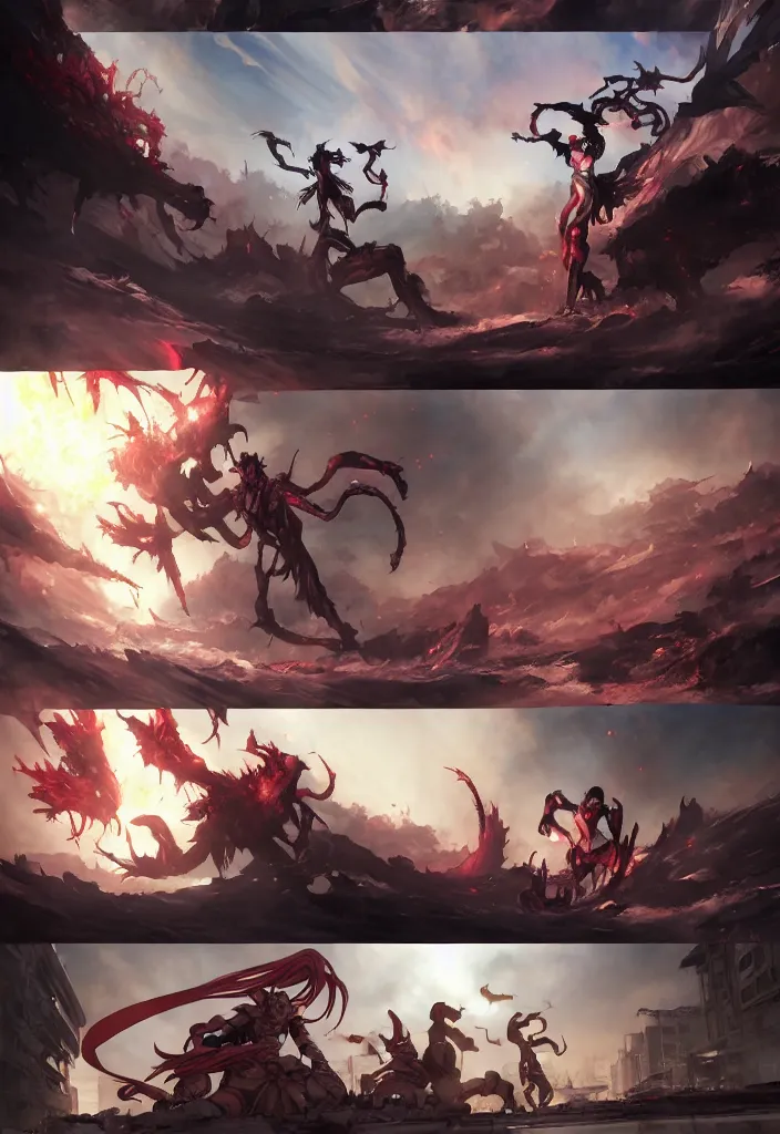 Prompt: Comic panel layout, battle between gigantic alien demon and a beautiful warrior woman, in post apocalyptic downtown Tokyo, by Krenz Cushart and Pan_Ren_Wei and Hongkun_st and Bo Chen and Steve Zheng and WLOP and Alex Chow and askziye, and Bukurote, and Ryota-H, Marvel comic style, amazing light and shadows, dapped light, dark fantasy, high detail, hyper realistic, trending on artstation