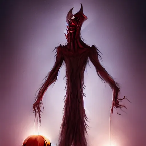 Prompt: a monster pumpkin head + tall thin body, long legs and arms, long claws + glowing eyes ::10 evil + trending on artstation, cgsociety, concept art, digital art, ultra HD, 4k, 8k, spooky