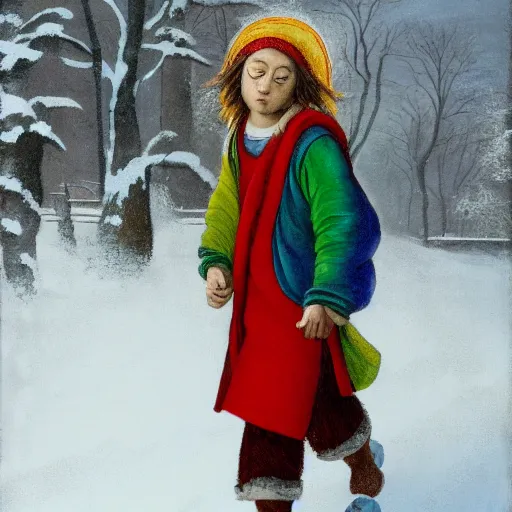 Image similar to a boy with colored dread hair walking in snow, 6 : 3 0 am, painted by michelangelo, 4 k, 1 3 0 mm