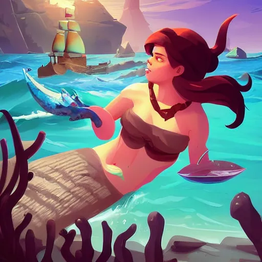 Image similar to painting mermaid treasure on sea of thieves game avatar hero smooth face median photoshop filter cutout vector, behance hd by jesper ejsing, by rhads, makoto shinkai and lois van baarle, ilya kuvshinov, rossdraws global illumination