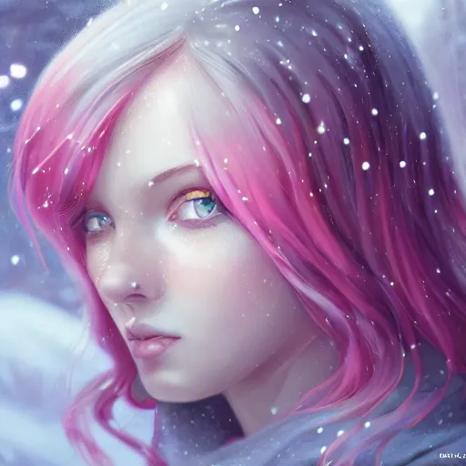 Image similar to teen girl, pink hair, gorgeous, amazing, elegant, intricate, highly detailed, snowy background, digital painting, artstation, concept art, sharp focus, illustration, art by Ross tran