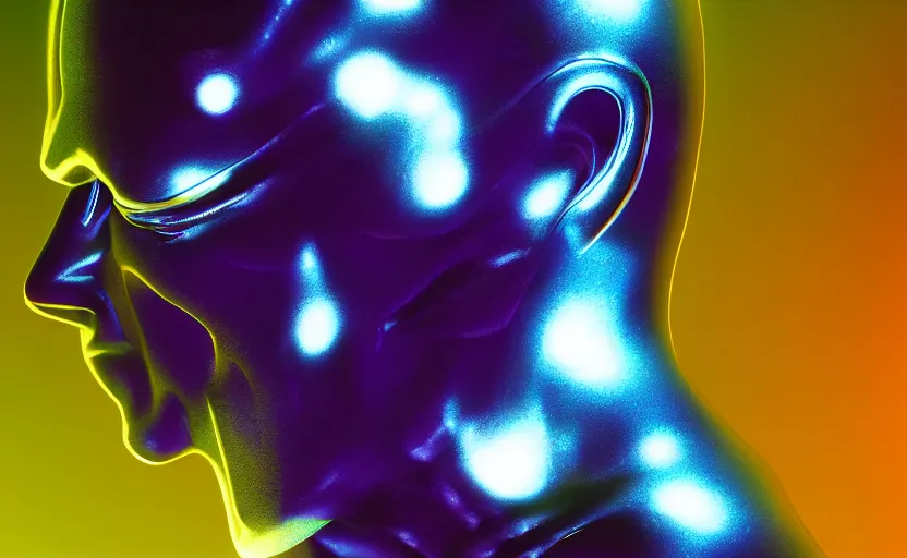 Image similar to silver surfer by bill sienkiewicz, unintentional mystique, macro up view metallic, tron, close up bokeh hiperrealistic neon glow darkness dramatic neon, sharp focus, octane render, imax